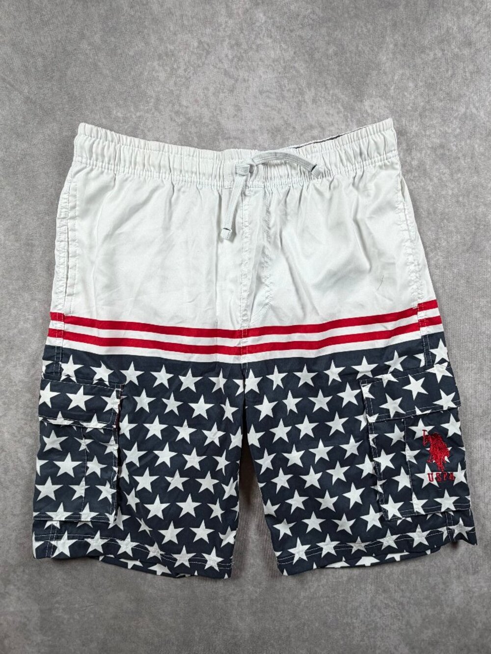 U.S. Polo Assn Mens Swim Trunks Stars Stripes Cargo Red White Blue M
